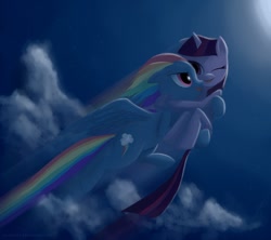 Size: 1480x1315 | Tagged: safe, artist:grissaecrim, character:rainbow dash, character:twilight sparkle, species:pegasus, species:pony, species:unicorn, ship:twidash, g4, bridal carry, carrying, cloud, cloudy, female, flying, lesbian, mare, moon, night, open mouth, paint tool sai, shipping, sky