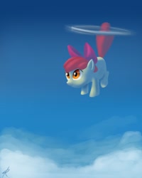 Size: 1120x1400 | Tagged: dead source, safe, artist:grissaecrim, character:apple bloom, species:earth pony, species:pony, g4, applecopter, female, filly, flying, loop-de-hoop, photoshop, sky, solo, tailcopter