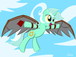 Size: 2592x1936 | Tagged: safe, artist:thebrokencog, character:lyra heartstrings, species:pony, species:unicorn, female, flying, gliding, sky, smiling, solo, wings