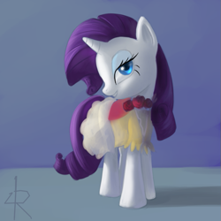 Size: 789x789 | Tagged: dead source, safe, artist:grissaecrim, character:rarity, species:pony, species:unicorn, g4, clip studio paint, clothing, dress, female, mare, smiling, solo