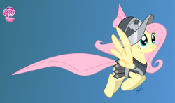 Size: 4542x2671 | Tagged: dead source, safe, artist:grissaecrim, character:fluttershy, species:pegasus, species:pony, adobe imageready, armor, female, flying, gradient background, mare, private pansy, solo