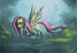 Size: 1754x1200 | Tagged: safe, artist:grissaecrim, character:fluttershy, species:pegasus, species:pony, g4, female, flying, mare, photoshop, pond, solo, water, wet mane