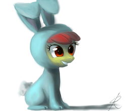 Size: 870x768 | Tagged: dead source, safe, artist:grissaecrim, character:apple bloom, species:earth pony, species:pony, g4, bunny bloom, bunny costume, clothing, female, filly, simple background, sitting, solo, white background