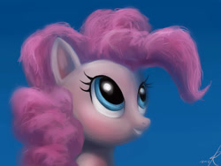 Size: 1024x768 | Tagged: dead source, safe, artist:grissaecrim, character:pinkie pie, species:earth pony, species:pony, bust, female, gradient background, looking up, mare, paint tool sai, portrait, smiling, solo