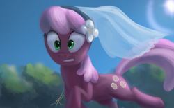 Size: 1440x900 | Tagged: dead source, safe, artist:grissaecrim, character:cheerilee, species:earth pony, species:pony, episode:hearts and hooves day, g4, my little pony: friendship is magic, clip studio paint, female, mare, running, solo, veil, wedding