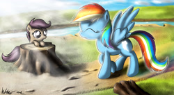 Size: 4762x2602 | Tagged: safe, artist:neko-me, character:rainbow dash, character:scootaloo, species:pegasus, species:pony, admiration, duo, eyes closed, female, filly, first meeting, tree stump