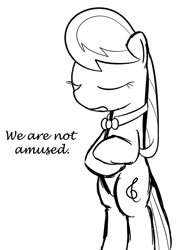 Size: 562x800 | Tagged: source needed, safe, artist:erthilo, character:octavia melody, species:earth pony, species:pony, ask octavia, bipedal, crossed arms, dialogue, eyes closed, female, grayscale, mare, monochrome, octavia is not amused, simple background, solo, unamused