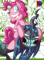 Size: 1497x2030 | Tagged: safe, artist:jowyb, character:pinkie pie, character:queen chrysalis, species:changeling, fangs, forced smile, smiling