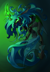 Size: 1181x1687 | Tagged: safe, artist:underpable, character:queen chrysalis, species:changeling, badass, changeling queen, female, glowing eyes, long mane, long tail, magic, solo