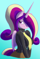 Size: 1666x2450 | Tagged: safe, artist:hazama, artist:zev, character:princess cadance, species:anthro, breasts, busty princess cadance, clothing, colored, female, hoofbeat, hoofbeat 2, necktie, ponytail, shirt, skirt, smiling, sweater, tongue out