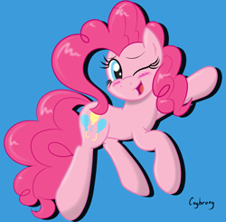 Size: 1972x1936 | Tagged: safe, artist:thebrokencog, character:pinkie pie, species:earth pony, species:pony, blue background, blushing, female, mare, one eye closed, open mouth, simple background, solo