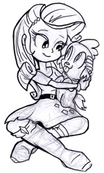 Size: 525x876 | Tagged: safe, artist:jowyb, character:rarity, character:spike, species:dog, my little pony:equestria girls, boots, bracelet, clothing, high heel boots, jewelry, monochrome, skirt, spike the dog