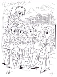 Size: 1299x1754 | Tagged: safe, artist:jowyb, character:applejack, character:fluttershy, character:pinkie pie, character:rainbow dash, character:rarity, character:spike, character:twilight sparkle, species:dog, my little pony:equestria girls, canterlot high, mane seven, mane six, monochrome, spike the dog