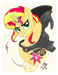 Size: 930x1200 | Tagged: safe, artist:joakaha, character:sunset shimmer, species:pony, element of magic, female, grin, hood, magic, simple background, solo