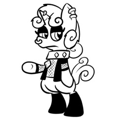 Size: 500x500 | Tagged: safe, artist:pembroke, character:sweetie belle, species:pony, meanie belle, bipedal, black and white, choker, ear piercing, female, grayscale, horn piercing, lidded eyes, meaniebelle, monochrome, nose piercing, piercing, simple background, solo, white background
