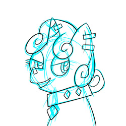 Size: 576x576 | Tagged: safe, artist:pembroke, character:sweetie belle, meanie belle, bust, choker, ear piercing, female, horn piercing, meaniebelle, monochrome, nose piercing, piercing, simple background, smiling, solo, white background