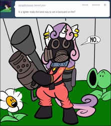 Size: 2400x2700 | Tagged: safe, artist:pembroke, character:sweetie belle, species:pony, meanie belle, bipedal, flamethrower, peashooter, plants vs zombies, pyro, pyro belle, sunflower, team fortress 2, tumblr, weapon