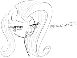 Size: 927x696 | Tagged: safe, artist:zev, character:fluttershy, bullshit, female, flutterbitch, grayscale, lineart, monochrome, reaction image, sketch, solo, spit, tongue out, vulgar