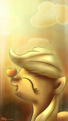 Size: 2160x3840 | Tagged: safe, artist:neko-me, character:applejack, apple, balancing, eyes closed, female, open mouth, ponies balancing stuff on their nose, solo