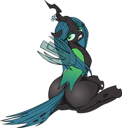Size: 1209x1262 | Tagged: safe, artist:zev, character:queen chrysalis, species:changeling, bugbutt, butt, female, looking at you, looking back, looking back at you, plot, rear view, simple background, sitting, solo, white background