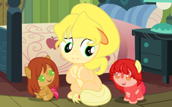 Size: 4000x2500 | Tagged: safe, artist:beavernator, character:apple bloom, character:applejack, character:babs seed, oc, species:pony, baby, baby pony, cream, crossover, filly, foal, jam, peaches, peaches and cream, ponified, younger