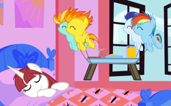 Size: 3840x2400 | Tagged: safe, artist:beavernator, character:lightning dust, character:rainbow dash, character:soarin', character:spitfire, oc, oc:fausticorn, species:pony, baby, baby dash, baby pony, baby soarin', babyfire, bedroom, breakfast, breakfast in bed, colt, cute, dashabetes, faustabetes, filly, foal, lauren faust, male, ponified, sleeping, soarinbetes