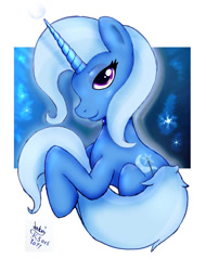 Size: 910x1200 | Tagged: safe, artist:joakaha, character:trixie, species:pony, species:unicorn, g4, abstract background, blushing, female, hug, looking at you, mare, photoshop, smiling, solo, stars, tail hug