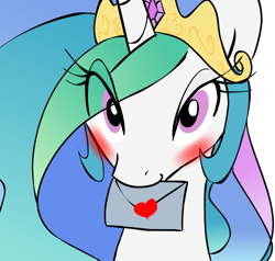 Size: 1020x969 | Tagged: safe, artist:zev, character:princess celestia, species:pony, blushing, female, letter, looking at you, love letter, mare, mouth hold, solo
