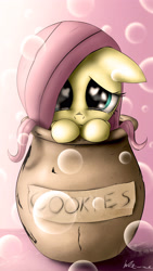 Size: 2160x3840 | Tagged: safe, artist:neko-me, character:fluttershy, bubble, cookie jar, cookie jar pony, crying, cute, female, floppy ears, looking at you, sad, shyabetes, solo
