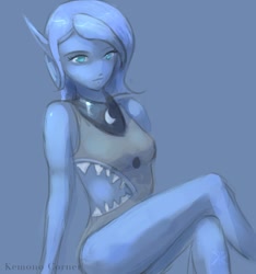 Size: 670x715 | Tagged: safe, artist:grissaecrim, character:princess luna, species:anthro, species:elf, 30 minute art challenge, ambiguous facial structure, clothing, female, one-piece swimsuit, shark swimsuit, solo, swimsuit