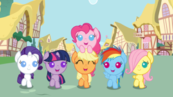 Size: 6400x3600 | Tagged: safe, artist:beavernator, character:applejack, character:fluttershy, character:pinkie pie, character:rainbow dash, character:rarity, character:twilight sparkle, species:pony, absurd resolution, alternate scenario, babity, baby, baby dash, baby pie, baby pony, babyjack, babylight sparkle, babyshy, beavernator is trying to murder us, cute, filly, foal, mane six, ponies riding ponies, riding, wallpaper, weapons-grade cute