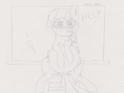 Size: 772x581 | Tagged: safe, artist:theimmortalwolf, character:cheerilee, birth, birthing, blushing, chalkboard, female, labor, pregnant, solo