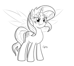 Size: 2800x2500 | Tagged: safe, artist:thebrokencog, character:sunset shimmer, species:alicorn, species:pony, alicornified, female, monochrome, race swap, shimmercorn, solo, wings