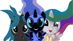 Size: 5120x2880 | Tagged: safe, artist:beavernator, character:nightmare moon, character:princess celestia, character:princess luna, character:queen chrysalis, species:alicorn, species:changeling, species:pony, beavernator is trying to murder us, cewestia, changeling queen, cute, cutealis, cutelestia, female, filly, foal, happy, looking at you, moonabetes, nightmare woon, simple background, smiling, smiling at you, trio, trio female, white background, younger
