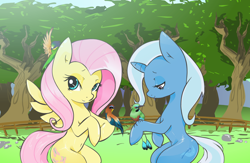 Size: 1500x980 | Tagged: dead source, safe, artist:zev, character:fluttershy, character:trixie, species:bird, species:pegasus, species:pony, species:unicorn, ship:trixieshy, g4, bee-eater, belly button, female, fence, mare, tree