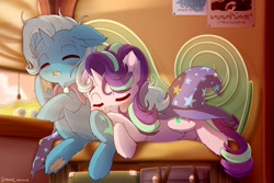 Size: 1800x1200 | Tagged: safe, artist:symbianl, character:starlight glimmer, character:trixie, species:pony, species:unicorn, ship:startrix, g4, license:cc-by-nc-nd, blushing, cape, clothing, cuddling, cute, diatrixes, drool, ear fluff, eyes closed, female, fluffy, frog (hoof), glimmerbetes, hat, lesbian, mare, shipping, sleeping, sweet dreams fuel, train, trixie's cape, trixie's hat, underhoof