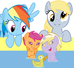 Size: 4000x3640 | Tagged: safe, artist:beavernator, character:derpy hooves, character:dinky hooves, character:rainbow dash, character:scootaloo, species:pegasus, species:pony, baby, baby pony, baby scootaloo, bath, equestria's best mother, foal, rubber duck, scootalove