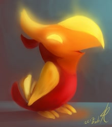 Size: 675x768 | Tagged: safe, artist:grissaecrim, character:peewee, species:phoenix, chick, gray background, male, peewee, phoenix chick, signature, simple background, solo