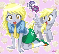 Size: 748x681 | Tagged: safe, artist:uotapo, character:derpy hooves, species:pegasus, species:pony, my little pony:equestria girls, all fours, clothing, cute, derpabetes, derpception, equestria girls logo, female, human ponidox, logo, looking at you, mare, muffin, necktie, open mouth, ponidox, raised hoof, sandals, skirt, socks, socks with sandals, uotapo is trying to murder us
