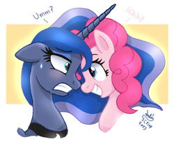 Size: 1210x1000 | Tagged: safe, artist:joakaha, character:pinkie pie, character:princess luna, species:alicorn, species:earth pony, species:pony, bust, dialogue, female, looking at each other, mare, portrait, profile, signature, smiling, sweat, sweatdrop