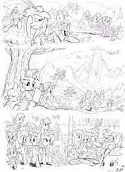 Size: 2501x3445 | Tagged: safe, artist:jowyb, character:angel bunny, character:applejack, character:derpy hooves, character:fluttershy, character:mayor mare, character:pinkie pie, character:rainbow dash, character:rarity, character:spike, character:twilight sparkle, character:twilight sparkle (alicorn), species:alicorn, species:dragon, species:earth pony, species:pegasus, species:pony, species:unicorn, a day in the life, black and white, book, cap, clothing, color requested, comic, facehoof, female, flying, frisbee, frog, frown, glasses, glowing horn, grayscale, hat, lineart, magic, male, mane seven, mane six, mare, monochrome, mud, pond, saddle bag, sewing, swamp, telekinesis, traditional art, water, wet mane