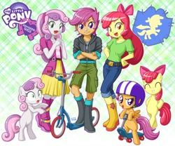 Size: 900x750 | Tagged: safe, artist:uotapo, character:apple bloom, character:scootaloo, character:sweetie belle, species:pegasus, species:pony, my little pony:equestria girls, adorabloom, bipedal, boots, clothing, crusaderbetes, cute, cutealoo, cutie mark crusaders, diasweetes, equestria girls logo, human ponidox, palindrome get, ponidox, self ponidox, shoes, skirt, uotapo is trying to murder us