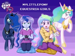Size: 1000x750 | Tagged: safe, artist:uotapo, character:princess celestia, character:princess luna, character:principal celestia, character:vice principal luna, species:alicorn, species:pony, gamer luna, my little pony:equestria girls, blushing, clothing, controller, cutie mark, cutie mark accessory, cutie mark on clothes, equestria girls logo, female, human ponidox, mare, missing shoes, my little pony logo, open mouth, pants, pillow, ponidox, shirt, smugluna, socks, sweat, title drop, vice principal luna, video game, xbox 360