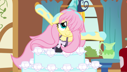 Size: 5760x3240 | Tagged: safe, artist:beavernator, character:fluttershy, absurd resolution, alternate hairstyle, cake, female, floppy ears, hair over one eye, long mane, pop out cake, smiling, solo