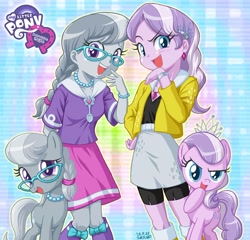 Size: 900x863 | Tagged: safe, artist:uotapo, character:diamond tiara, character:silver spoon, species:earth pony, species:pony, my little pony:equestria girls, adorabullies, boots, bracelet, clothing, cute, diamondbetes, female, filly, glasses, hand on hip, human ponidox, jacket, jewelry, laughingmares.jpg, looking at you, necklace, noblewoman's laugh, open mouth, pearl necklace, ponidox, shirt, shoes, silverbetes, skirt, square crossover