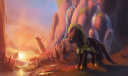 Size: 1280x761 | Tagged: safe, artist:grissaecrim, oc, oc only, canterlot, disaster, royal guard, scenery, solo, sunset