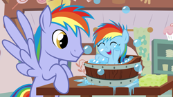 Size: 5120x2880 | Tagged: safe, artist:beavernator, character:rainbow blaze, character:rainbow dash, species:pony, all glory to the beaver grenadier, baby, baby dash, baby pony, bath, bubble, cute, dashabetes, father, father and daughter, filly, filly rainbow dash, foal, hnnng, wallpaper, younger