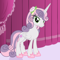 Size: 4320x4320 | Tagged: safe, artist:beavernator, character:sweetie belle, species:alicorn, species:pony, g4, absurd resolution, clothing, female, hoof shoes, looking at you, mare, older, race swap, shoes, slippers, smiling, solo, story in the source, sweetiecorn, three quarter view, vector