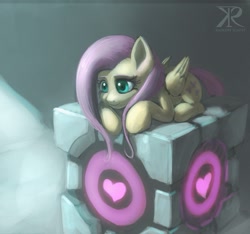 Size: 1217x1138 | Tagged: safe, artist:grissaecrim, character:fluttershy, companion cube, crossover, female, portal (valve), solo