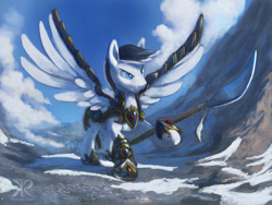Size: 1024x768 | Tagged: safe, artist:grissaecrim, oc, oc only, species:pegasus, species:pony, armor, defending, glaive, mountain, polearm, snow, solo, weapon, wing armor